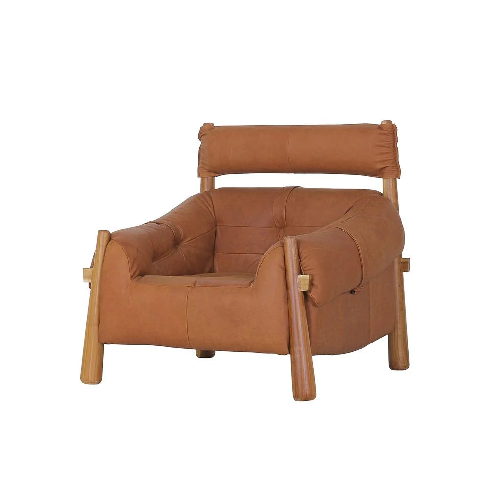 Teak and Leather Lounge Chair in Brown and Natural