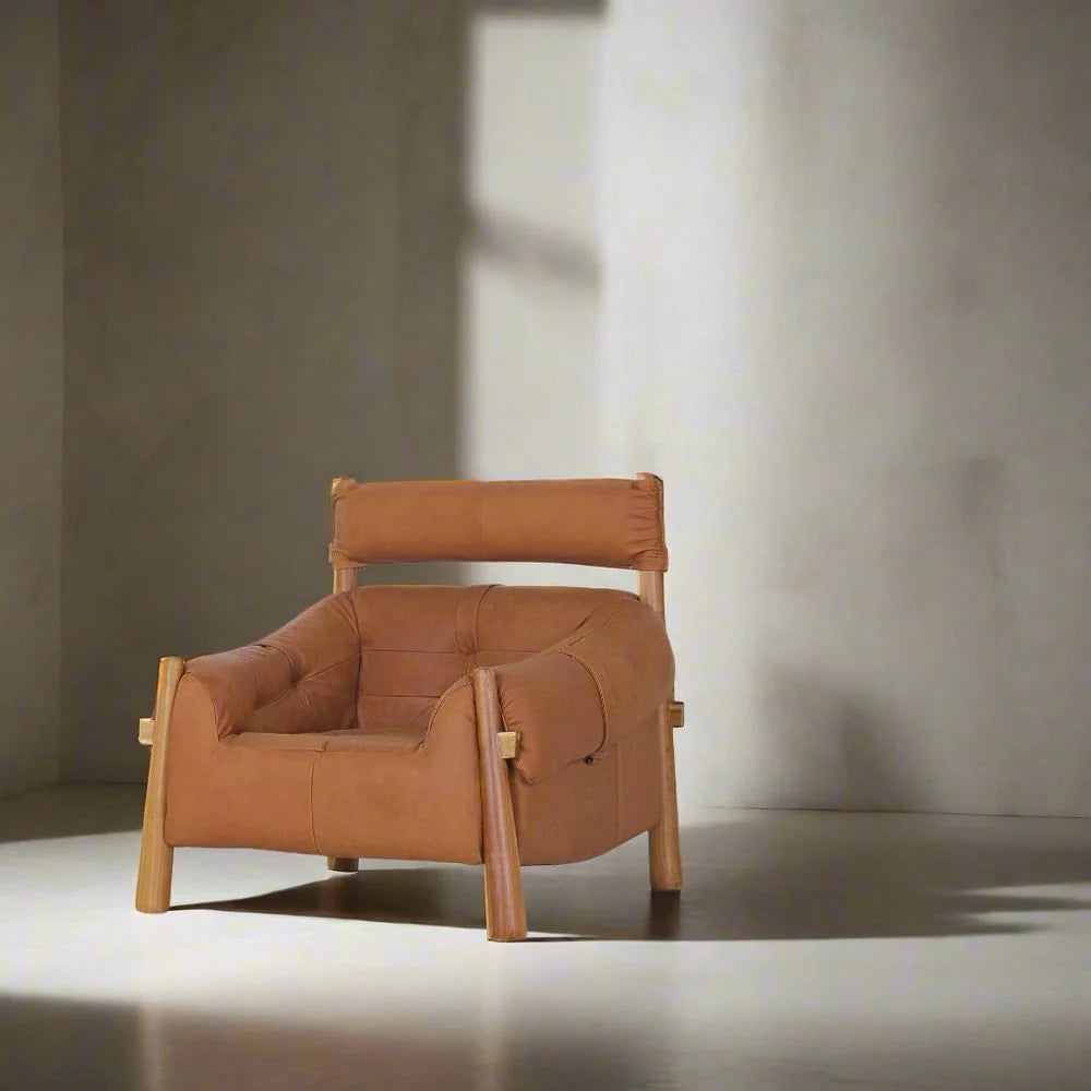 Teak and Leather Lounge Chair in Brown and Natural