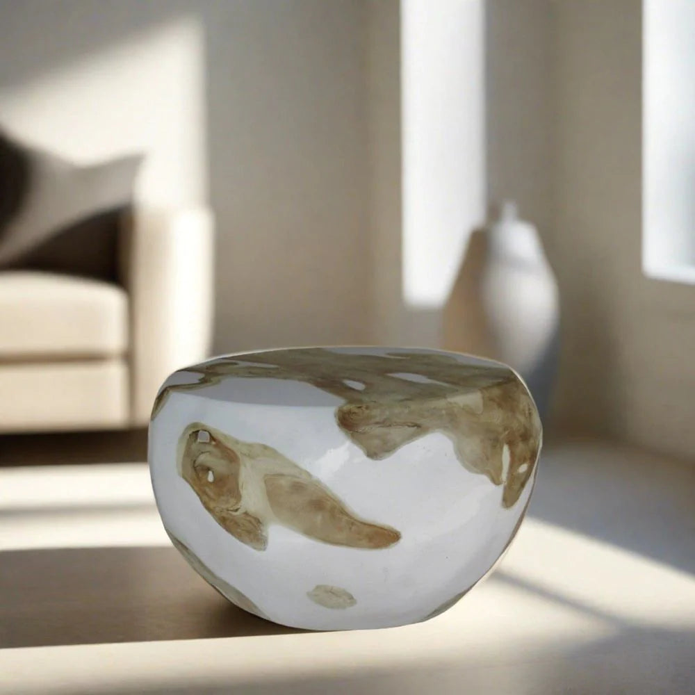 White Solid Teak and Crystal Coffee Table, 24-Inch