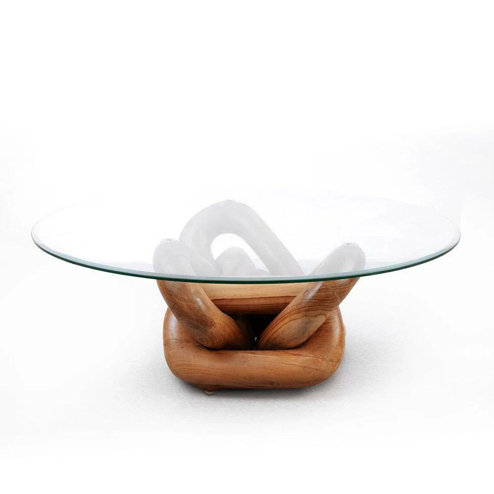 Natural Solid Teak and Glass Coffee Table