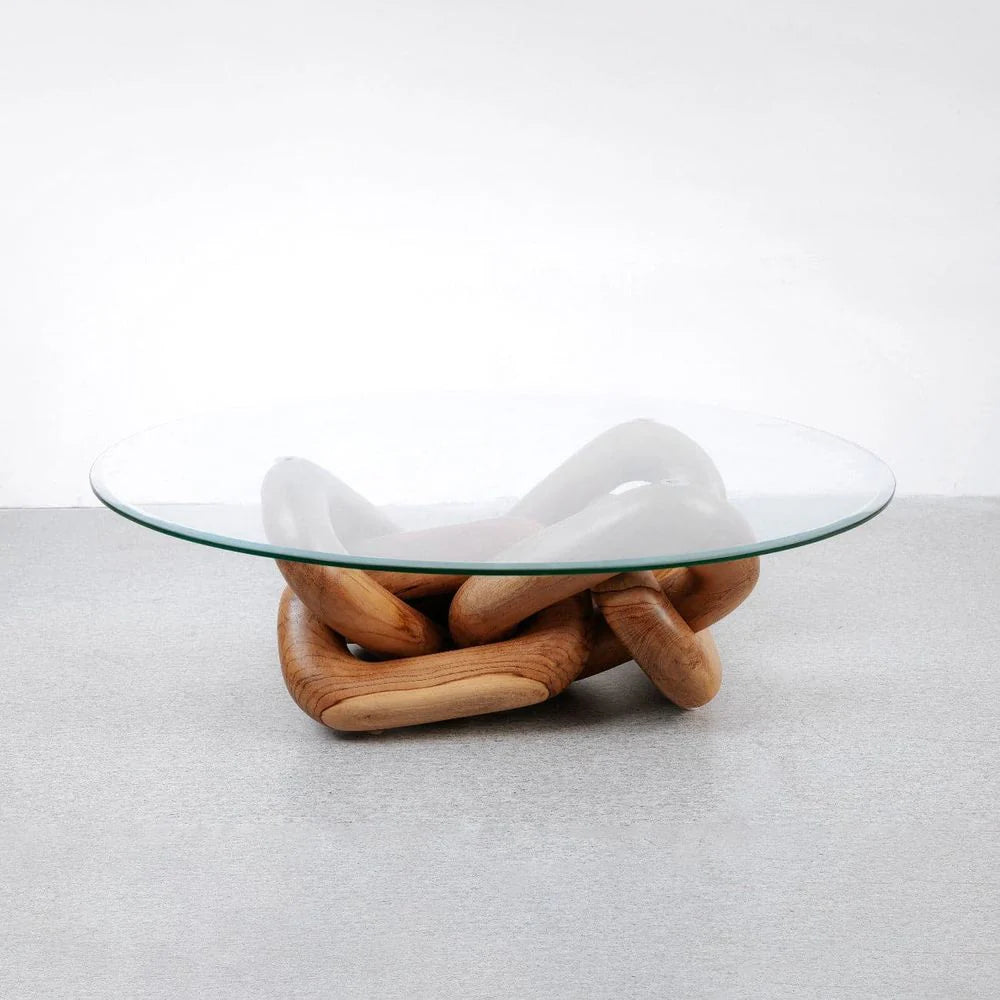 Natural Solid Teak and Glass Coffee Table