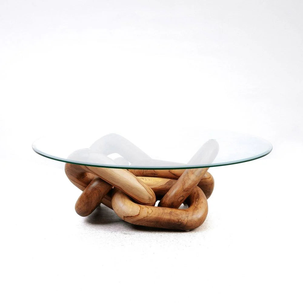 Natural Solid Teak and Glass Coffee Table