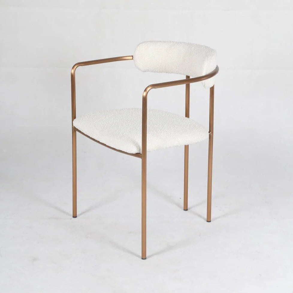 Stainless Steel and Boucle Dining Chair in White and Rose Gold-Tone