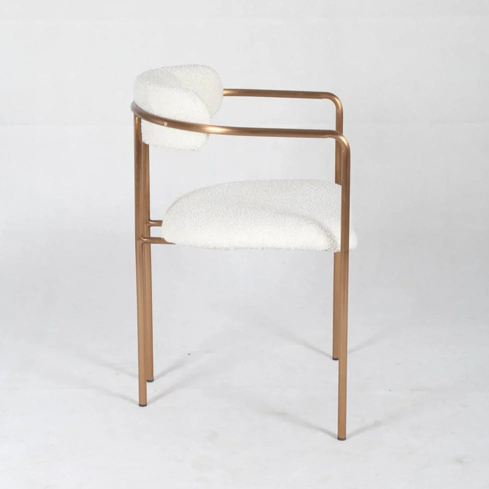 Stainless Steel and Boucle Dining Chair in White and Rose Gold-Tone