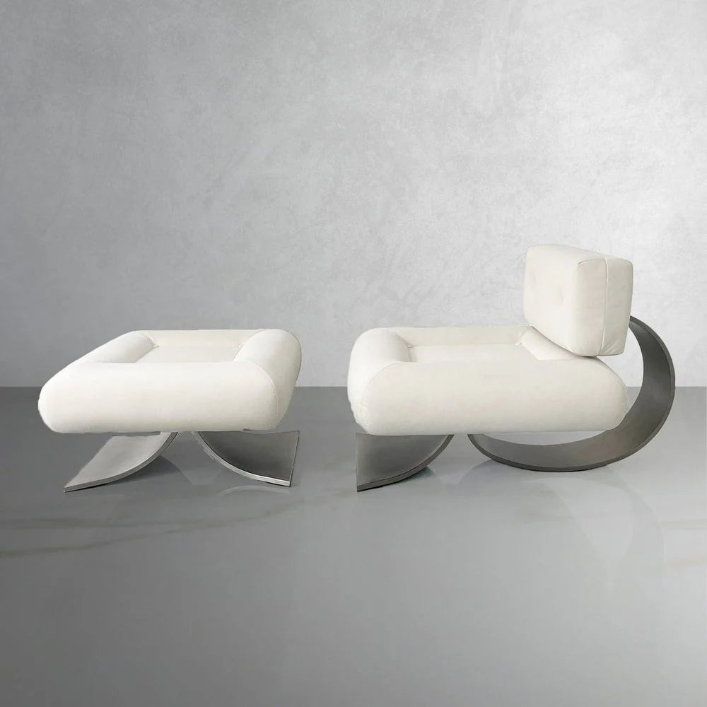 Off-White Stainless Steel and Velvet Chair and Ottoman