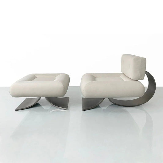 Off-White Stainless Steel and Velvet Chair and Ottoman
