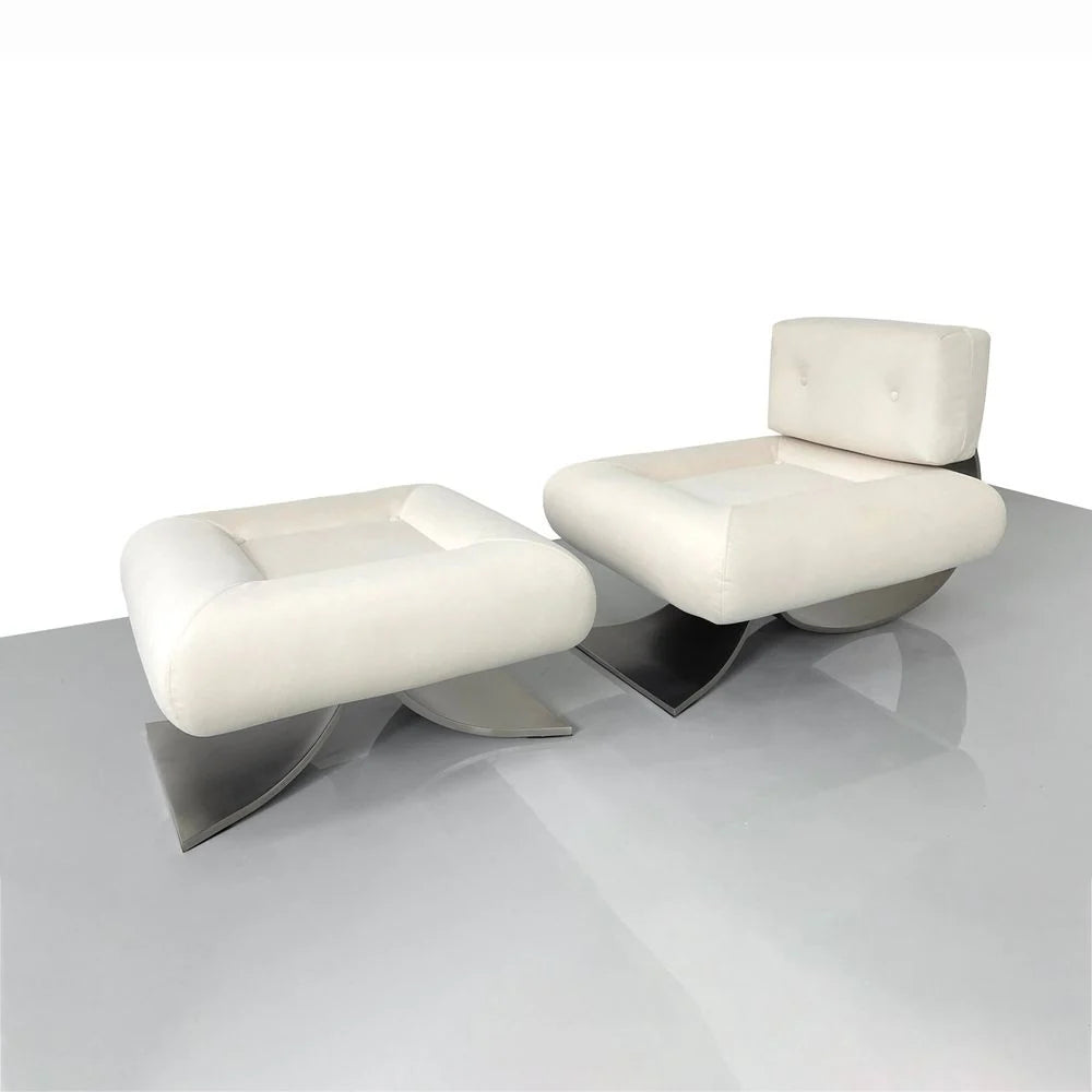 Off-White Stainless Steel and Velvet Chair and Ottoman
