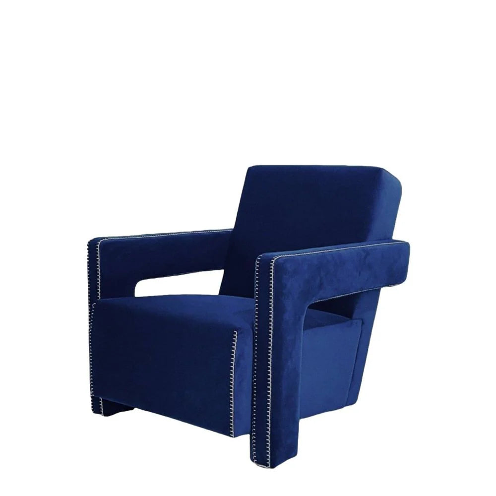 Blue Wood and Velvet Lounge Chair