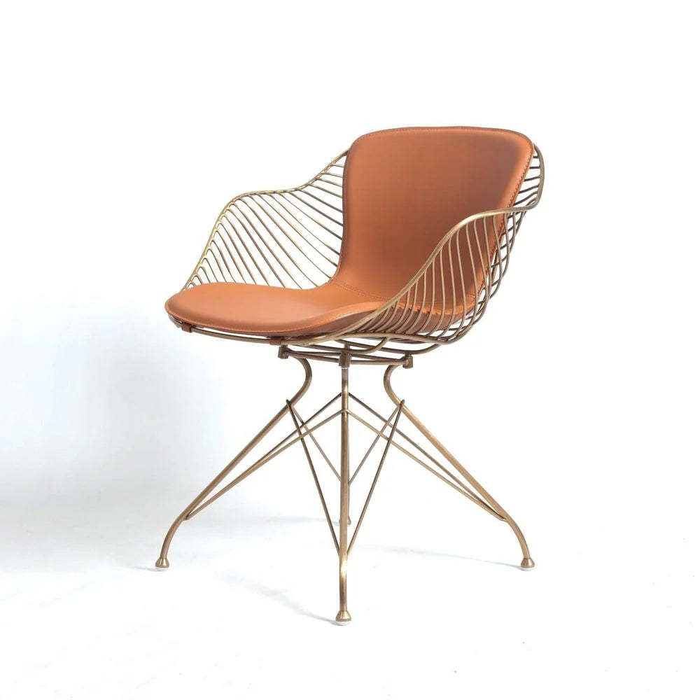 Stainless Steel and Leather Dining Chair in Brown and Rose Gold-Tone