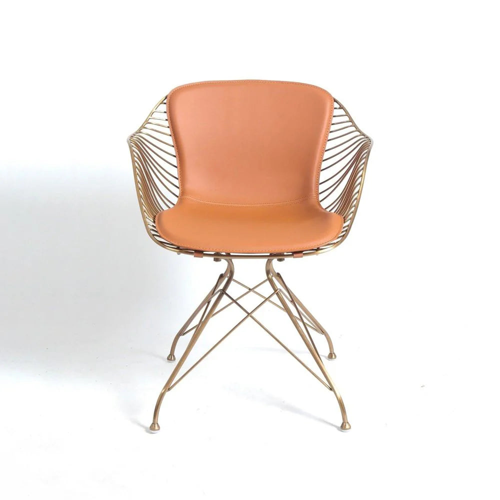 Stainless Steel and Leather Dining Chair in Brown and Rose Gold-Tone