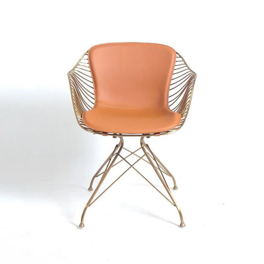 Stainless Steel and Leather Dining Chair in Brown and Rose Gold-Tone