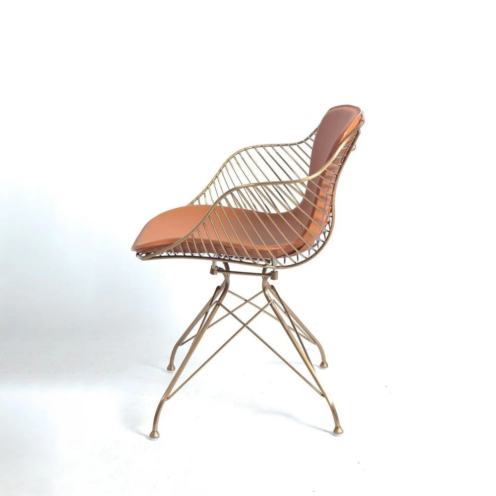 Stainless Steel and Leather Dining Chair in Brown and Rose Gold-Tone