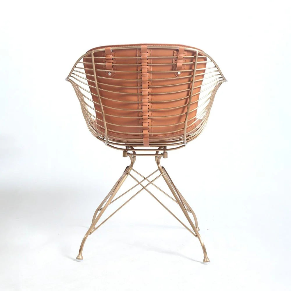 Stainless Steel and Leather Dining Chair in Brown and Rose Gold-Tone