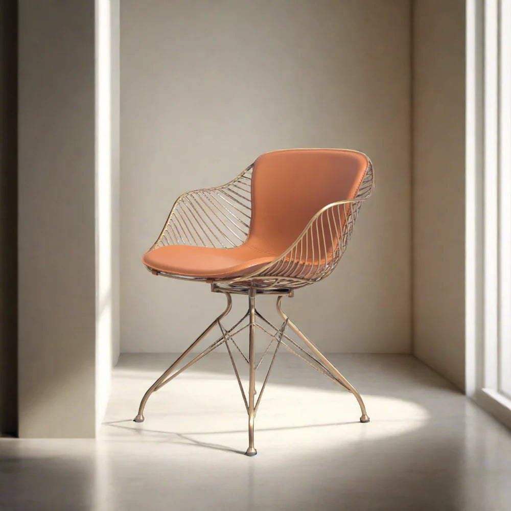 Stainless Steel and Leather Dining Chair in Brown and Rose Gold-Tone