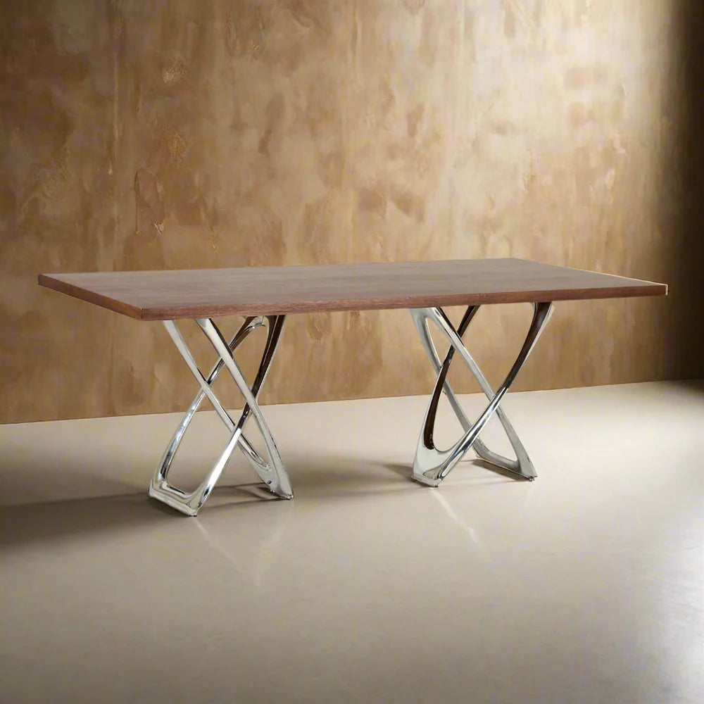 Chrome-Tone Stainless Steel and Walnut Veneer Dining Table