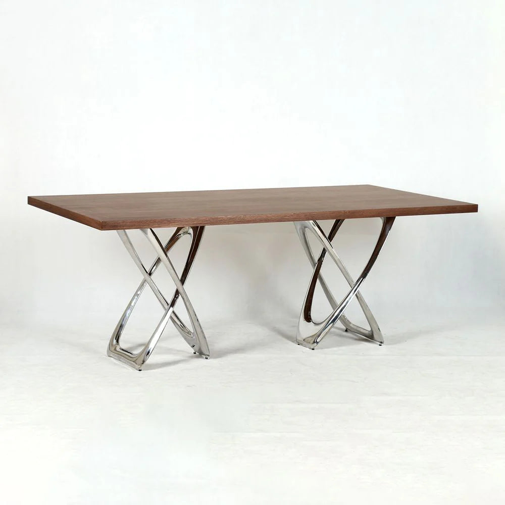 Chrome-Tone Stainless Steel and Walnut Veneer Dining Table