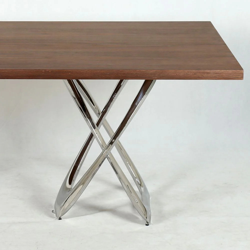 Chrome-Tone Stainless Steel and Walnut Veneer Dining Table