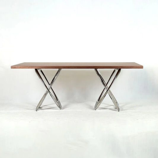 Chrome-Tone Stainless Steel and Walnut Veneer Dining Table