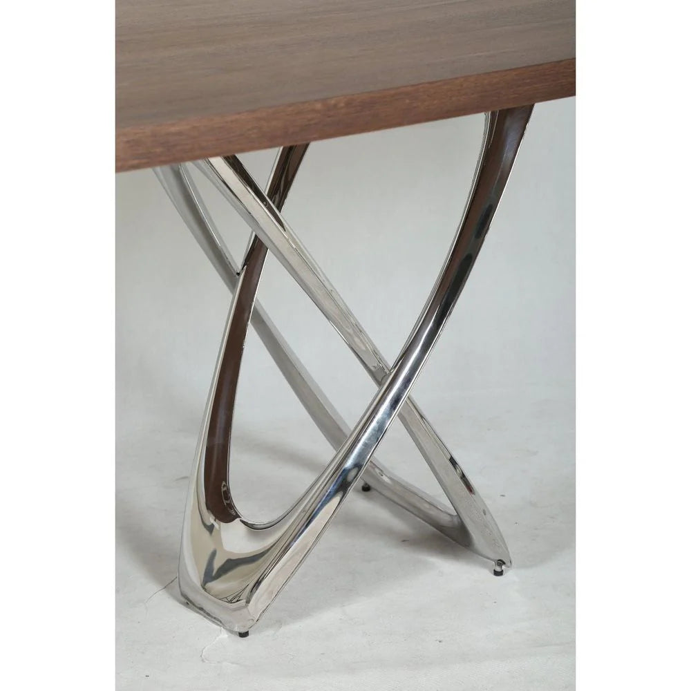 Chrome-Tone Stainless Steel and Walnut Veneer Dining Table