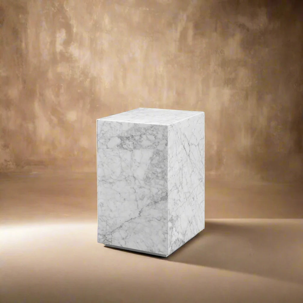 Matte White Stainless Steel and Marble Side Table, 12-Inch