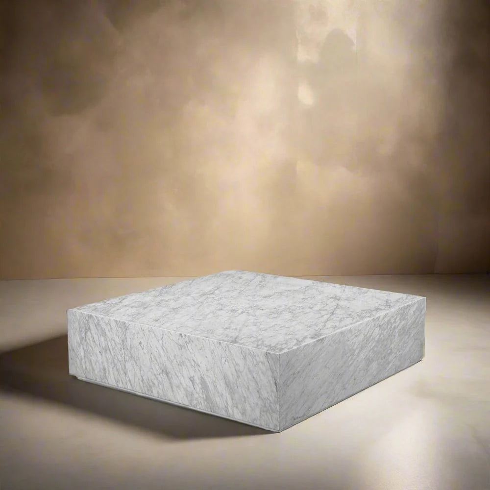 Matte White Stainless Steel and Marble Coffee Table, 50-Inch