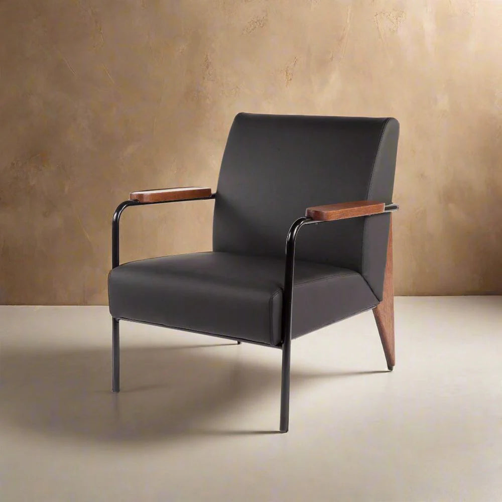 Black Leatherette and Beech Lounge Chair