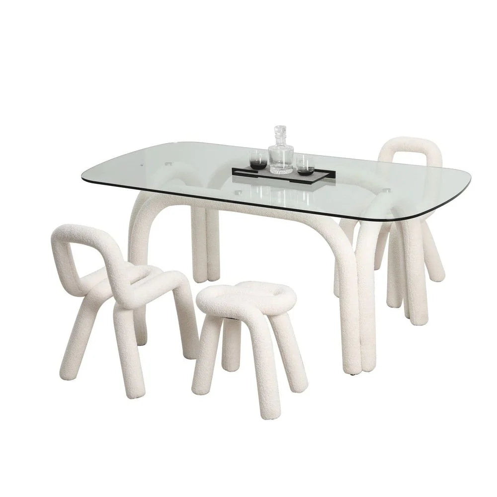 Fabric and Glass Dining Table in White and Clear, 70.9-Inch