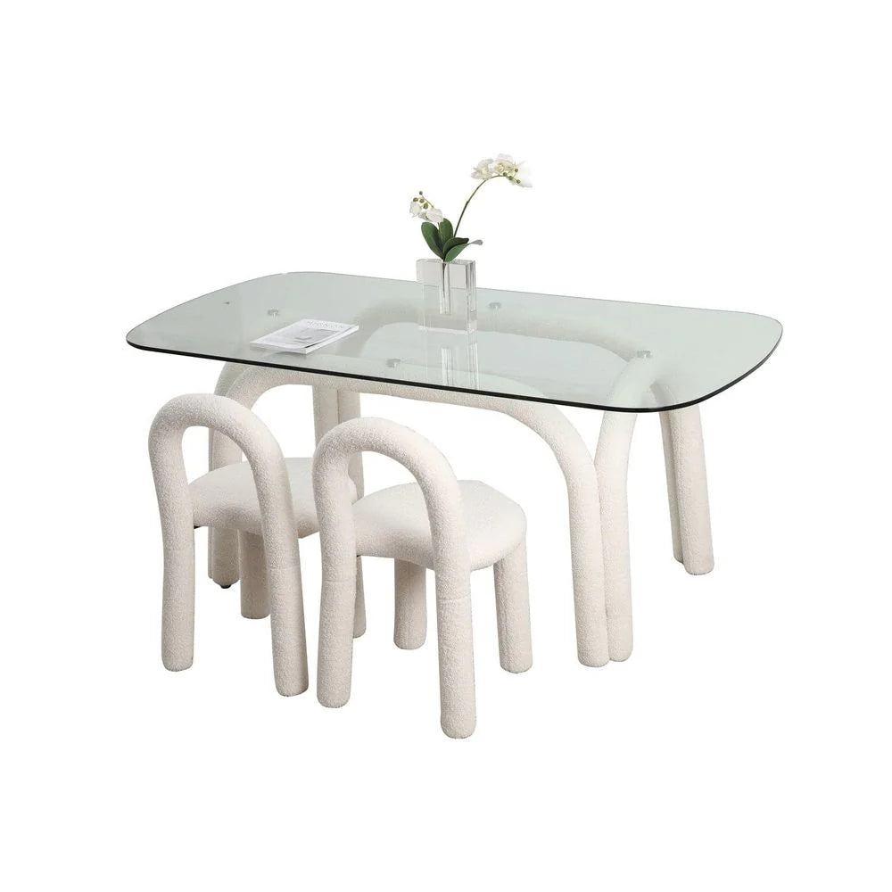 Fabric and Glass Dining Table in White and Clear, 70.9-Inch