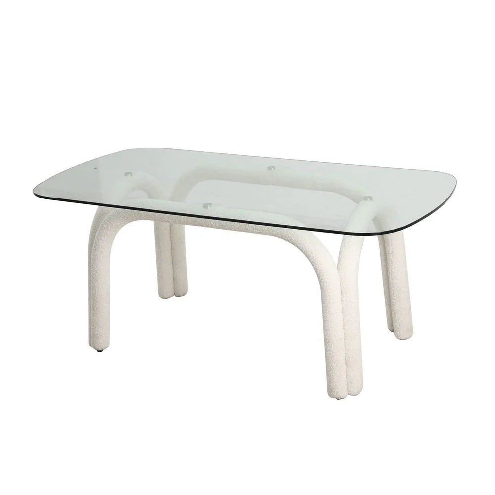 Fabric and Glass Dining Table in White and Clear, 70.9-Inch