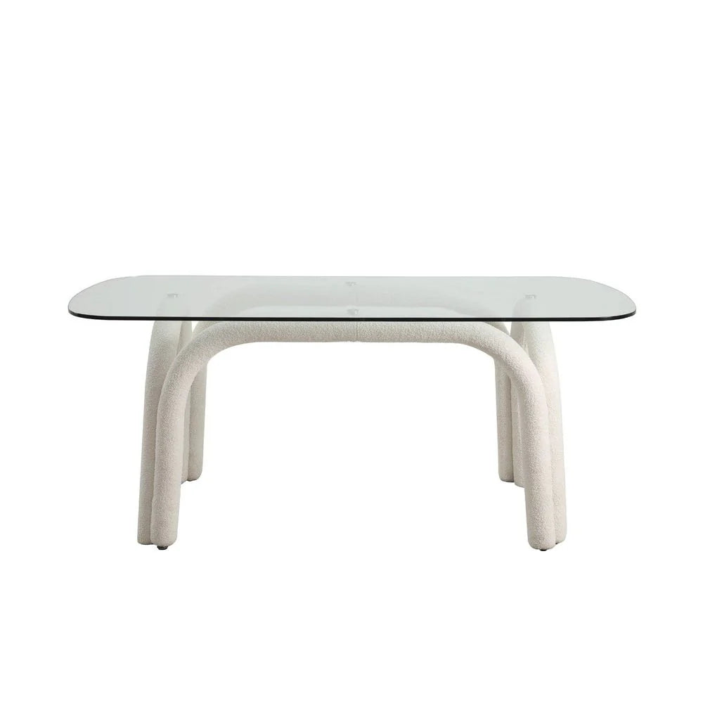 Fabric and Glass Dining Table in White and Clear, 70.9-Inch