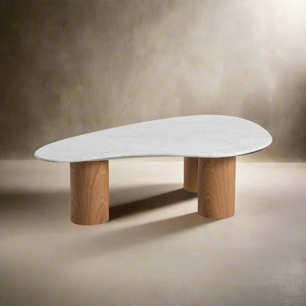 Ash Veneer and Marble Coffee Table in White and Natural, 51.2-Inch
