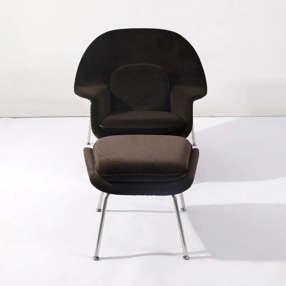 Brown Stainless Steel and Boucle Chair with Ottoman