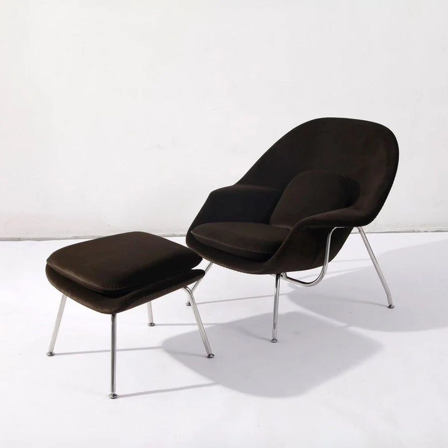Brown Stainless Steel and Boucle Chair with Ottoman