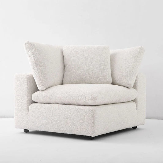 Off-White Wood and Boucle Sectional Corner Unit