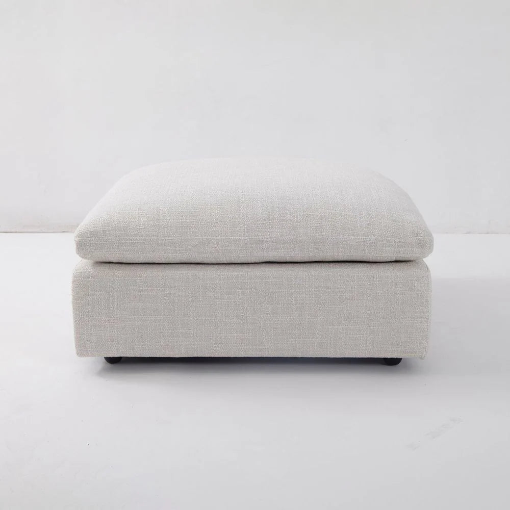 Off-White Wood and Linen Ottoman