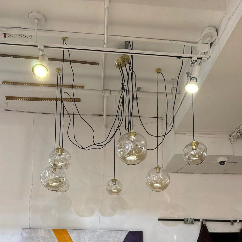 Copper and Glass Amber Chandelier in Brass-Tone