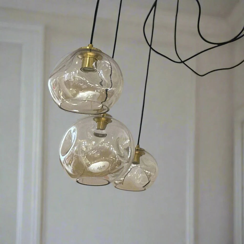 Copper and Glass Amber Chandelier in Brass-Tone