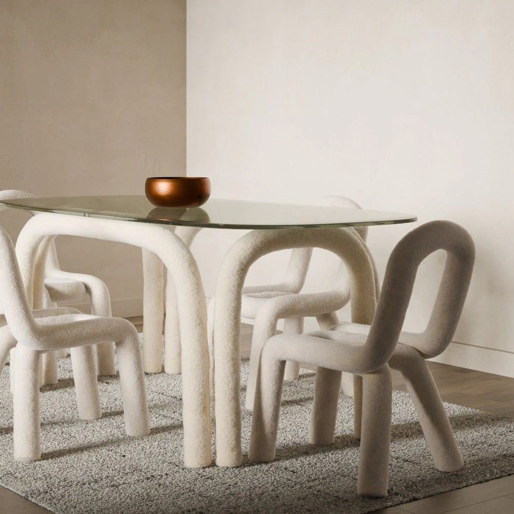 Fabric and Glass Dining Table in White and Clear, 70.9-Inch