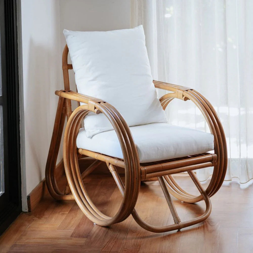 Rattan and Fabric Lounge Chair in Natural and Beige