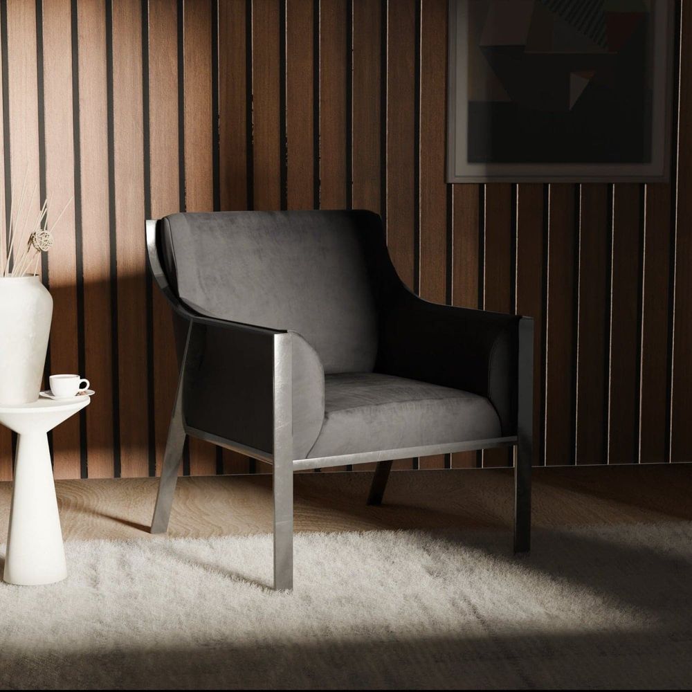 Black Stainless Steel and Velvet Armchair